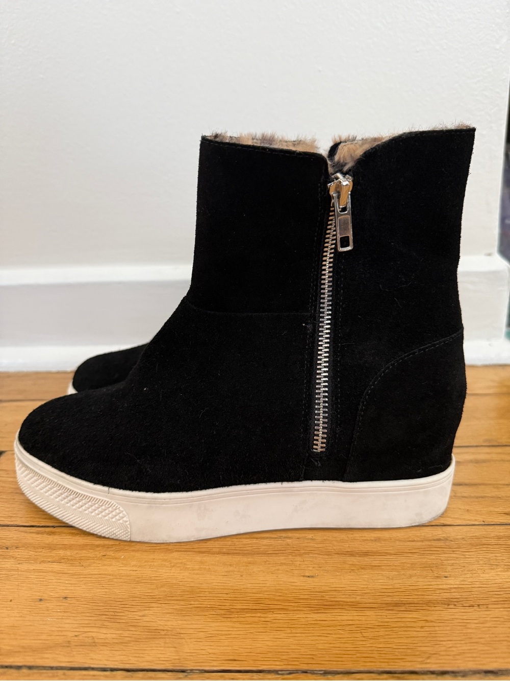 Black Suede Hidden Wedge Heel Boots with Faux Fur Lining